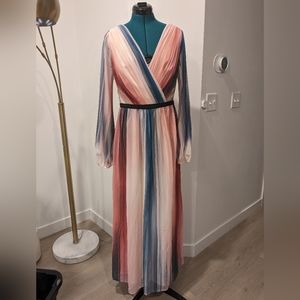 Little Mistress ombre stripe long sleeve printed wrap dress